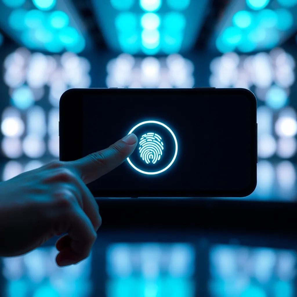 Dispositivo móvil mostrando autenticación biométrica con huella dactilar para Net Cash