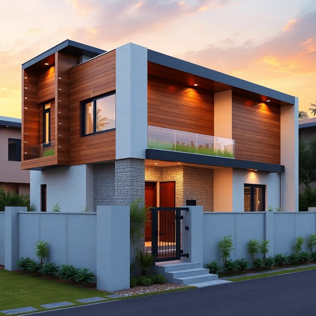 Modern single story house with wood and stone facade in sunset, residential, Yavatmal [MH]