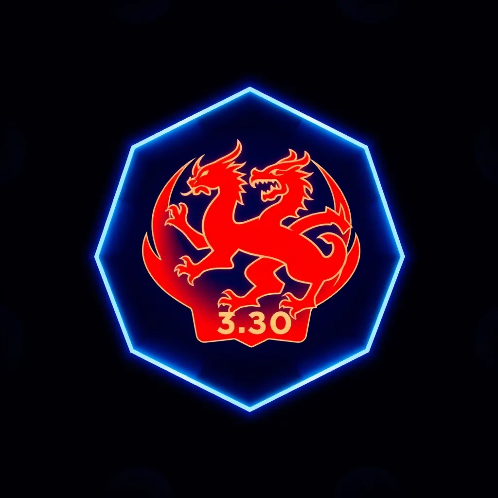 Garena 330 Shell logo with red dragon emblem on blue hexagonal background with circular neon shapes