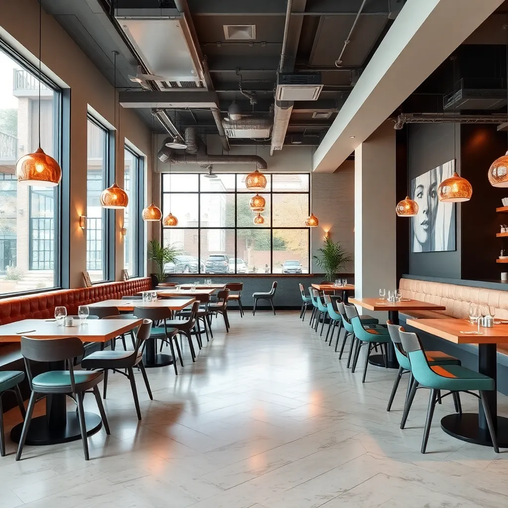 Interior restoran dengan meja dan kursi, desain modern