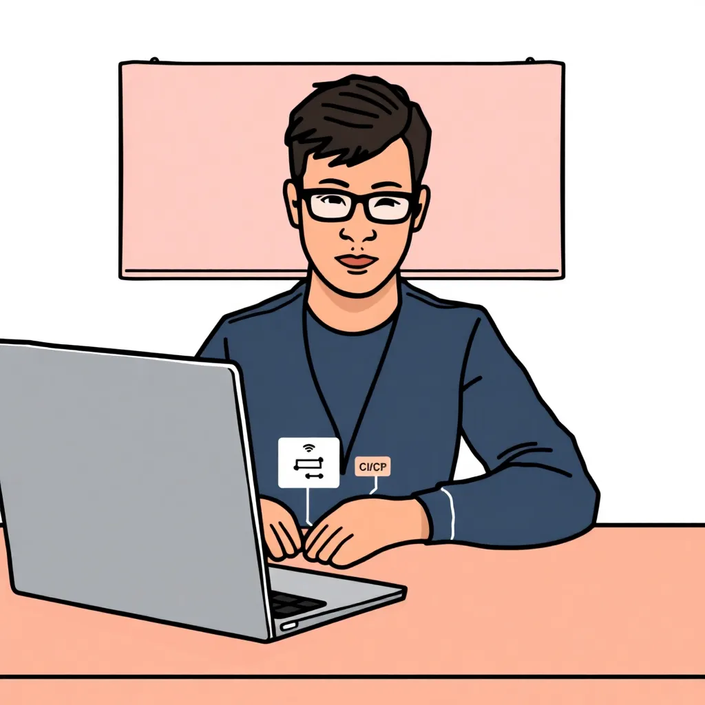 Ilustrasi orang belajar AWS CloudFormation dengan laptop dan diagram pipeline CI/CD di layar