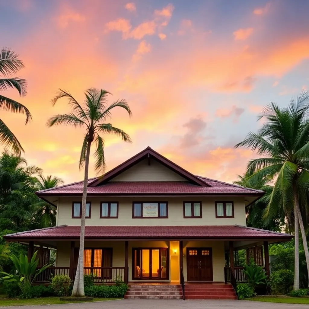 Exterior view of Homestay Tok Bidin Langkawi with tropical palm trees and sunset sky
