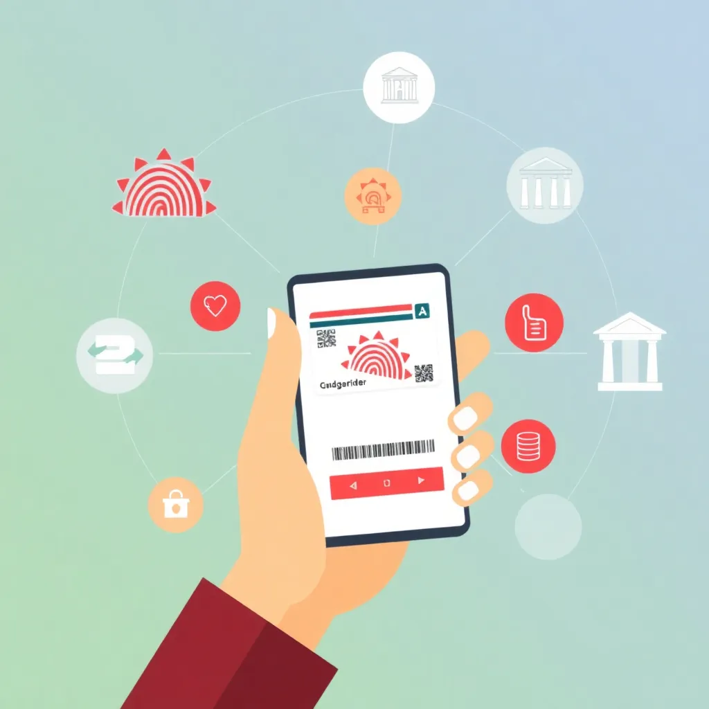 Aadhaar-based banking concept image showing a person holding a smartphone with Aadhaar card and banking icons around