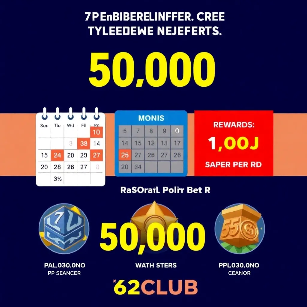 Graphic showing a 7-day calendar with rewards and Rp 150,000 bonus icons for 62CLUB