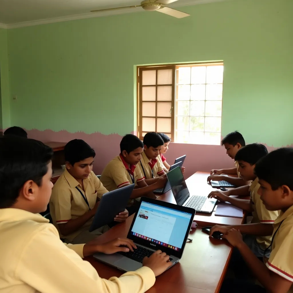 Students in rural Odisha using laptops and tablets for digital learning in a classroom setting
