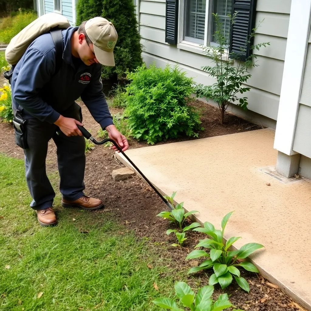 Pest control technician applying ant control treatment in a garden area near house foundation