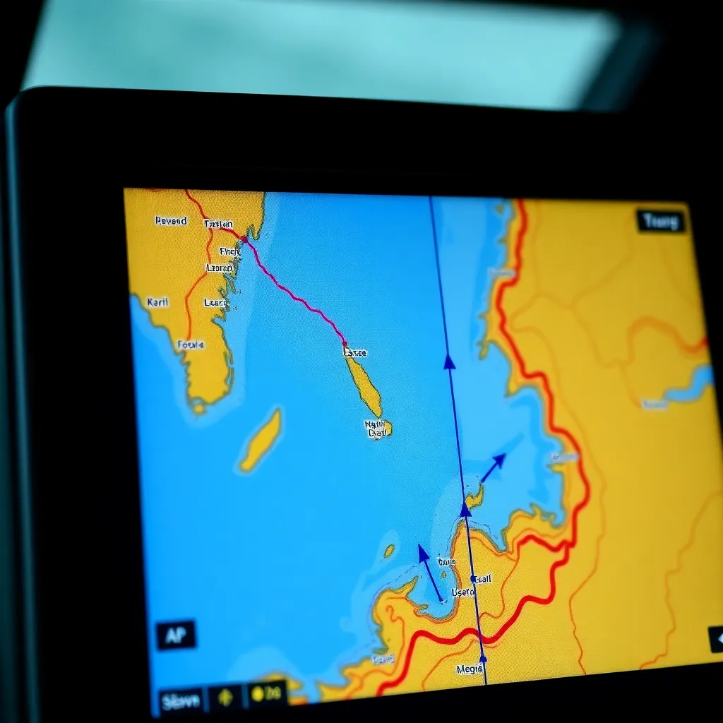 GPS chartplotter screen showing detailed marine navigation charts with route planning