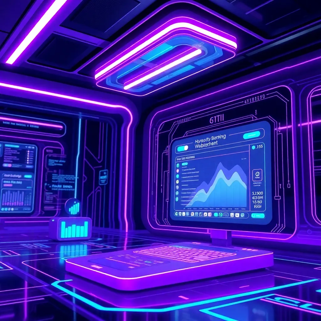 Futuristic banking technology concept image with digital interfaces and purple color scheme