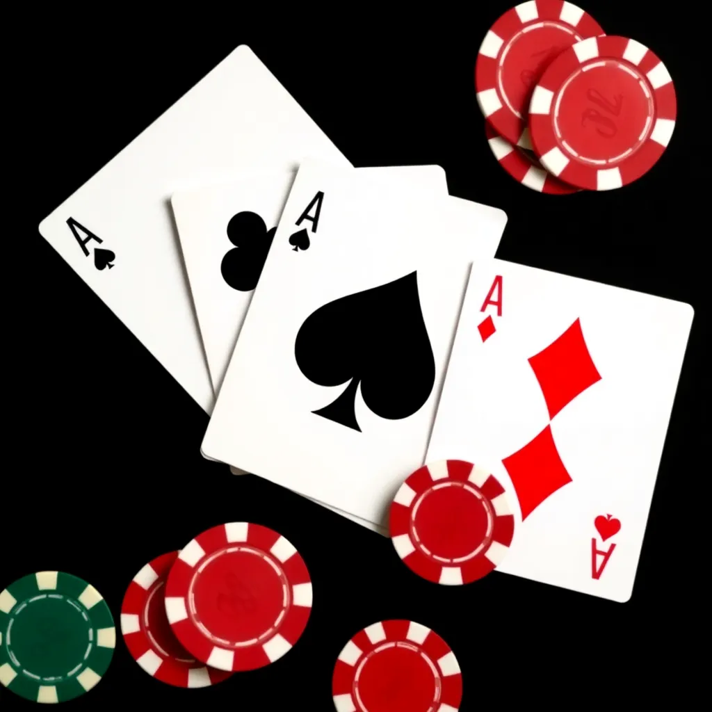 1Day Teen Patti cards with ace of clubs, ace of spades, ace of diamonds and poker chips on black background