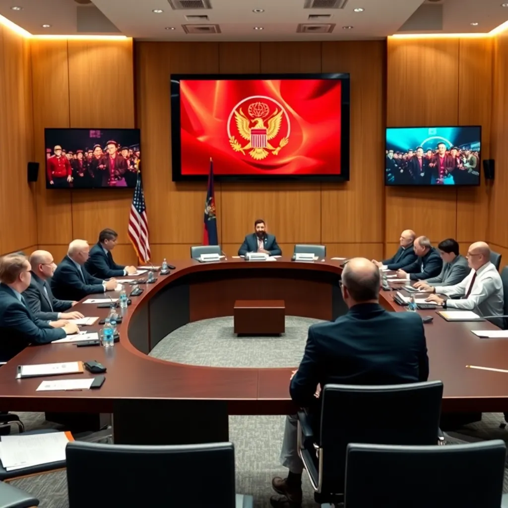 Government officials seated around a large conference table in an emergency meeting room with digital displays
