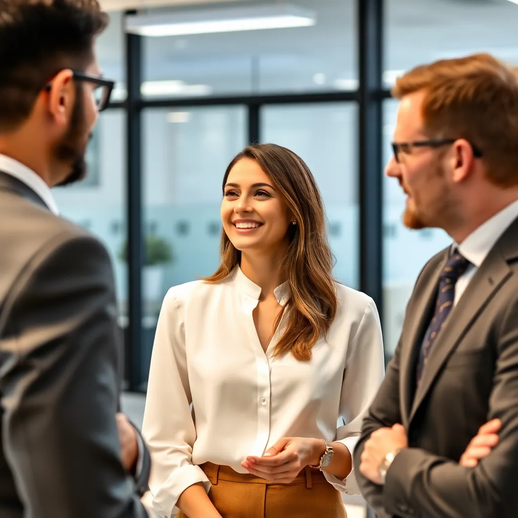 Group of professionals talking in office, woman in white blouse smiling and men in business attire