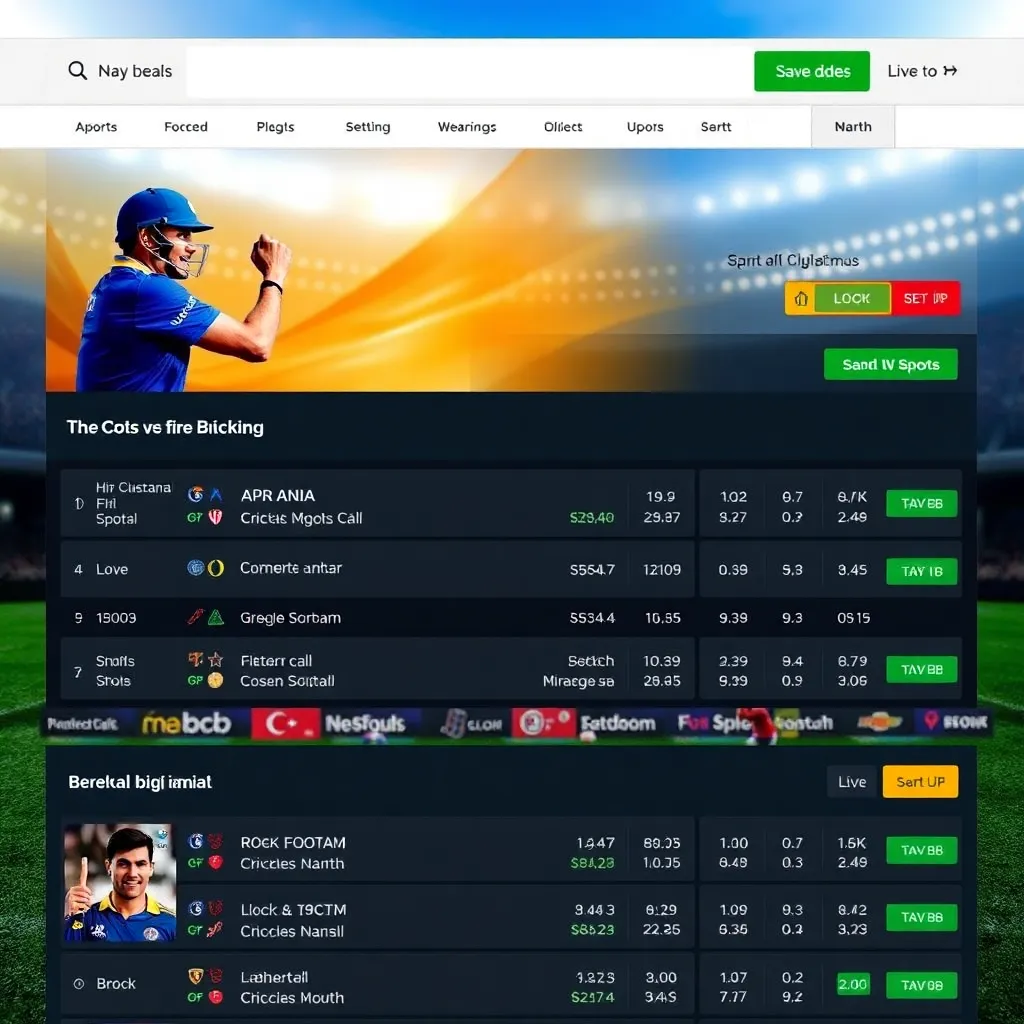 Sports betting interface showing cricket, football, and basketball matches with live odds