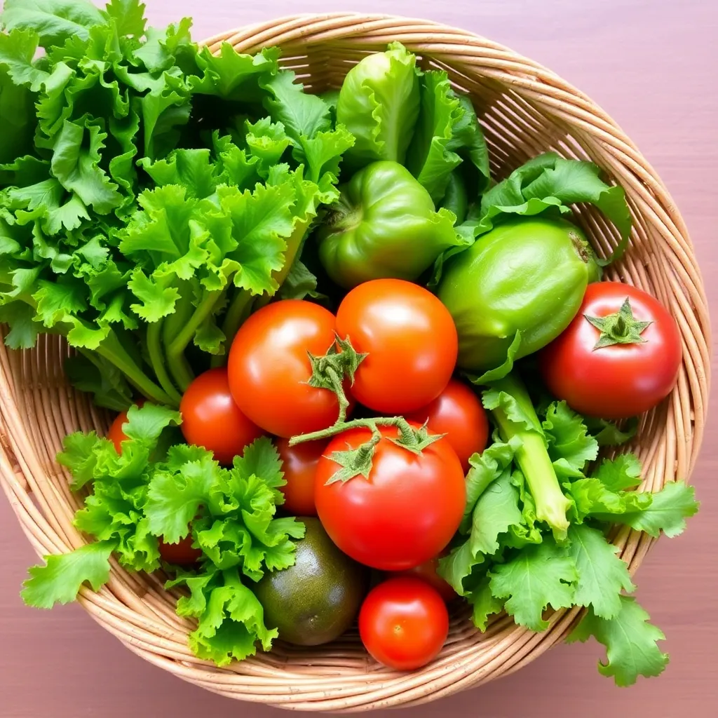Fresh vegetables basket with lettuce, tomatoes, and other greens