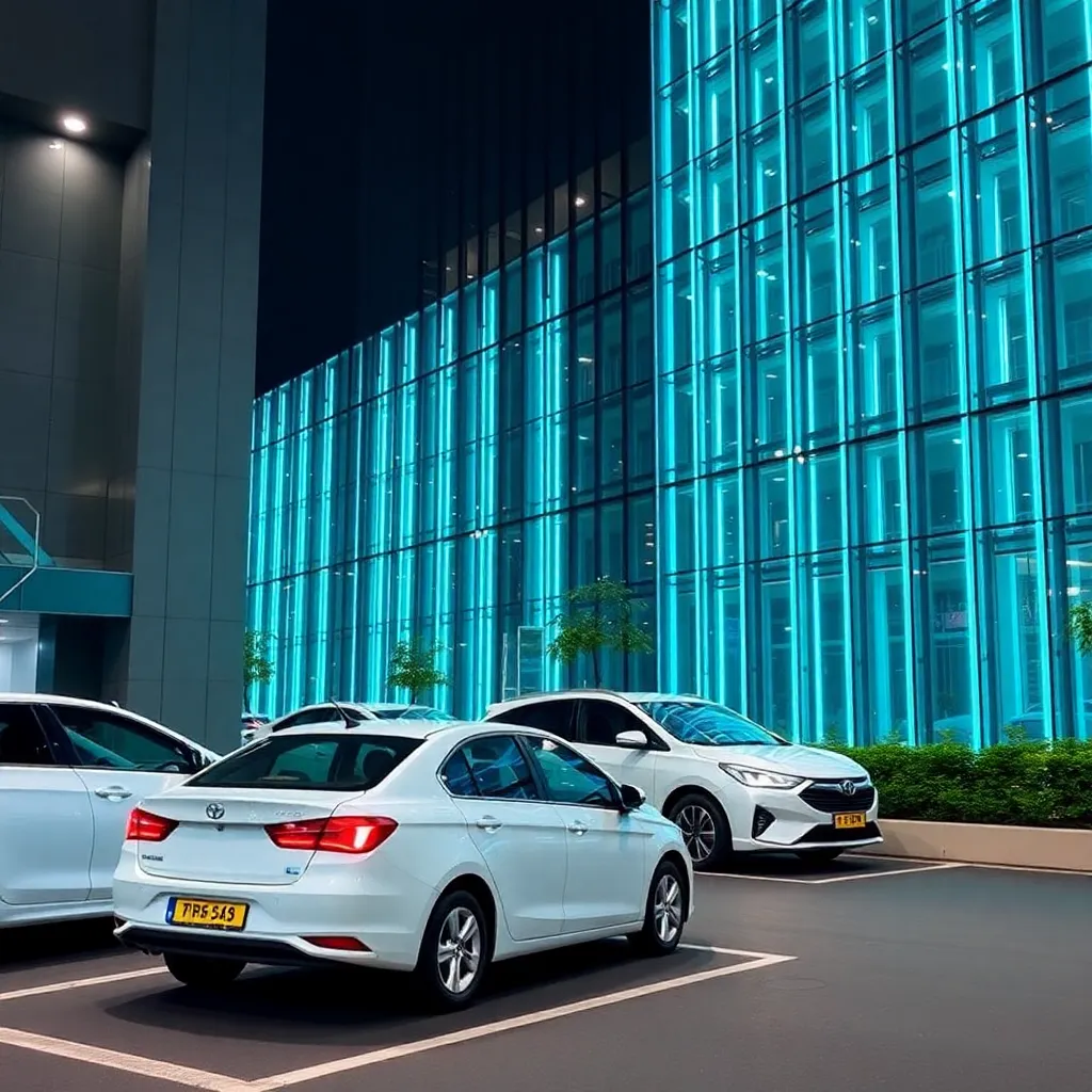 Mobil sedan putih parkir di depan gedung perkantoran modern