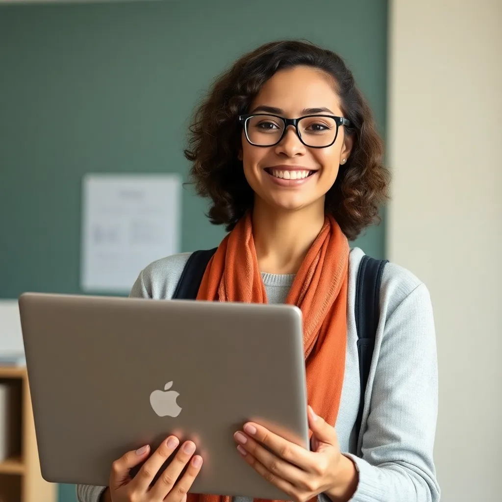 Portrait of an experienced class helper tutor smiling and holding a laptop