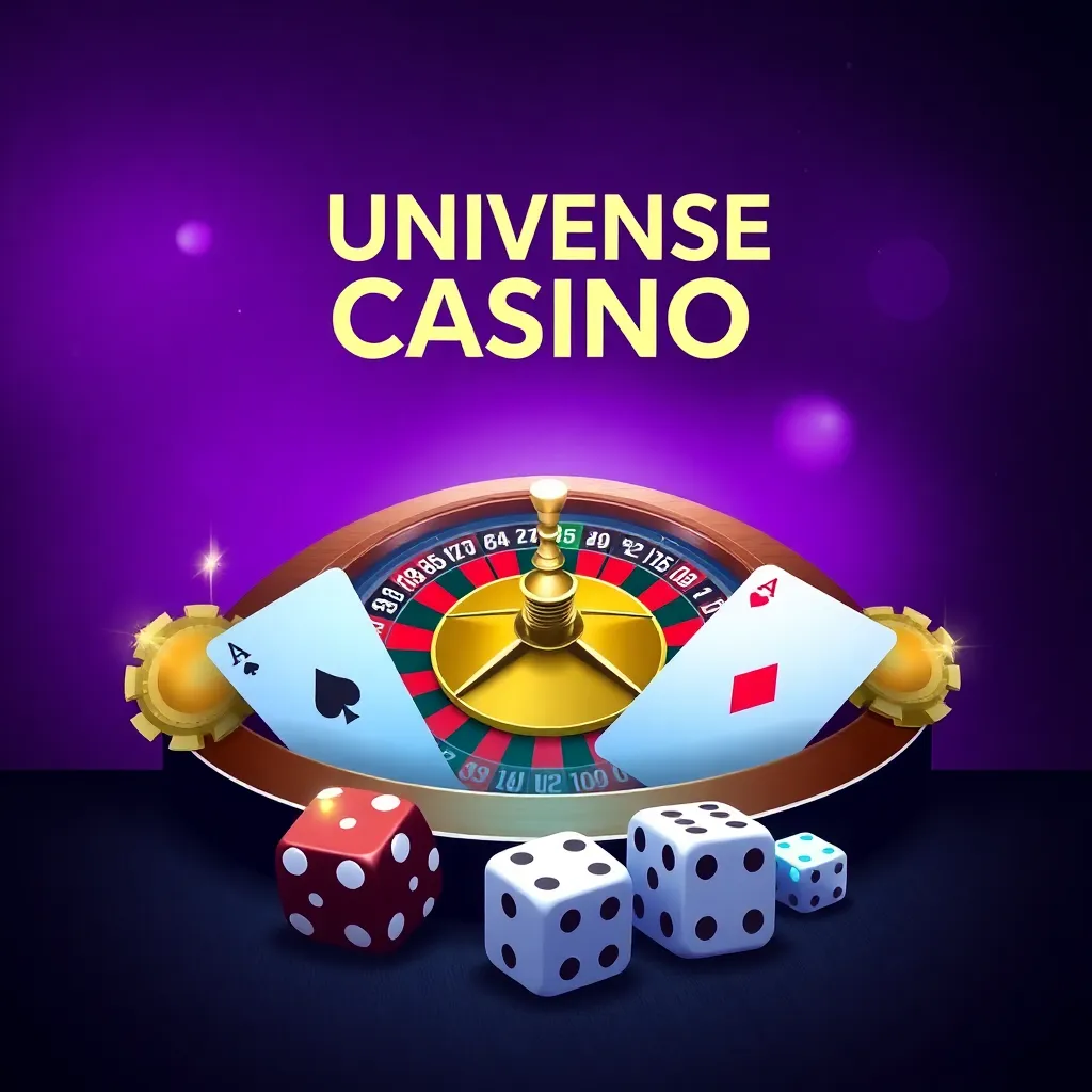 Universe Casino banner with roulette wheel, playing cards, and dice on purple background with golden light effects