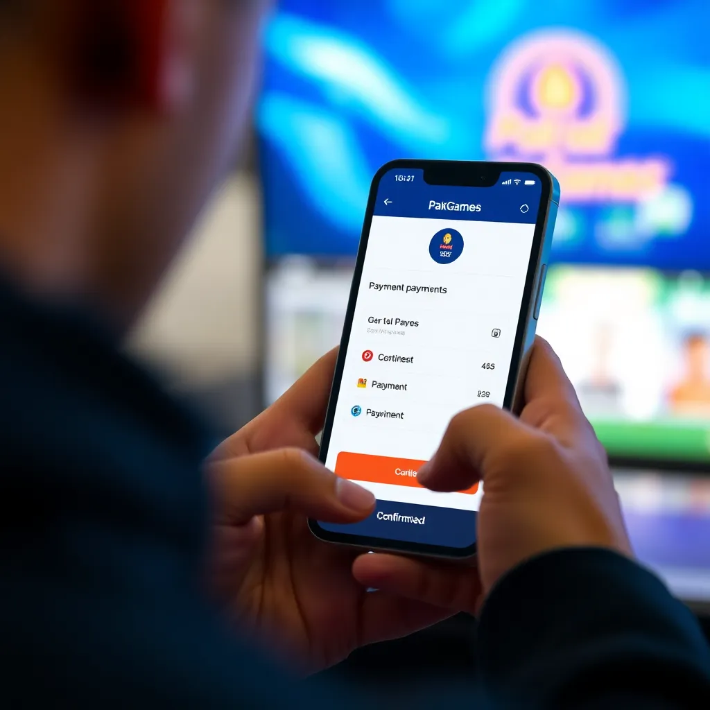 User making secure payment on PakGames platform via mobile phone, showing payment options and confirmation