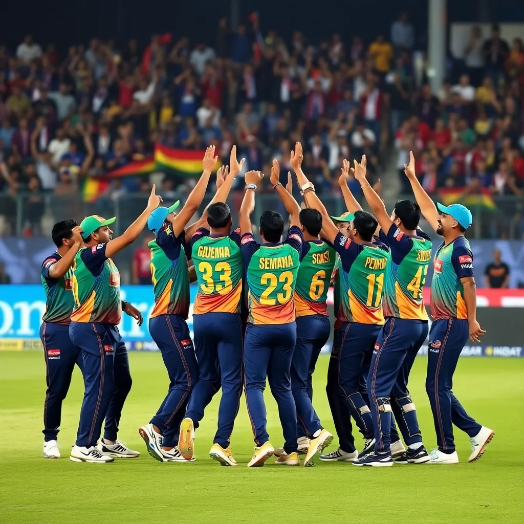 Gujarat Titans cricket team celebrating an epic win on the field with fans cheering in the background