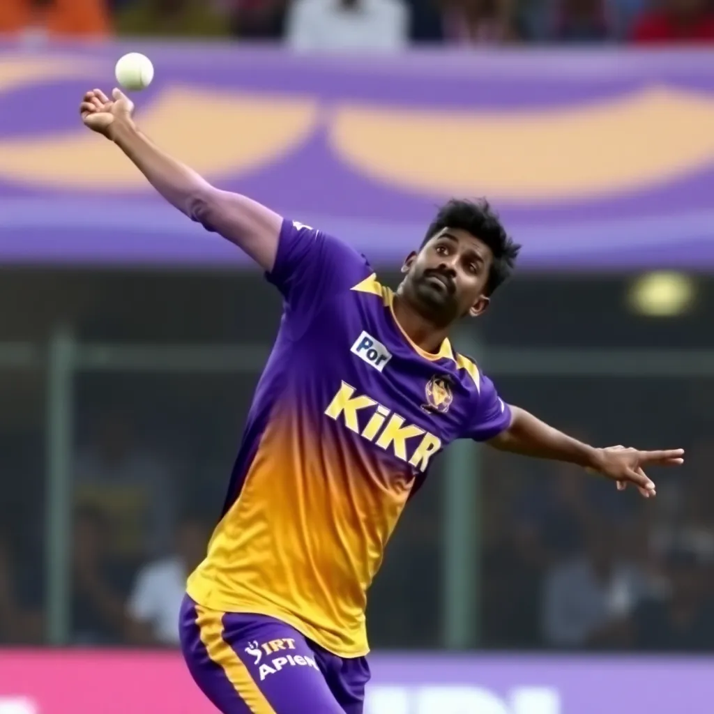Jofra Archer bowling a tight over during IPL 2025 match, wearing KKR purple and gold jersey
