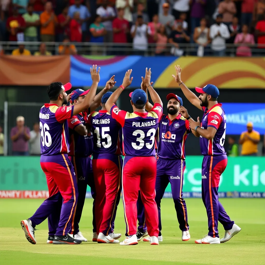 Punjab Kings cricket team celebrating a 7-wicket victory on the field with fans applauding