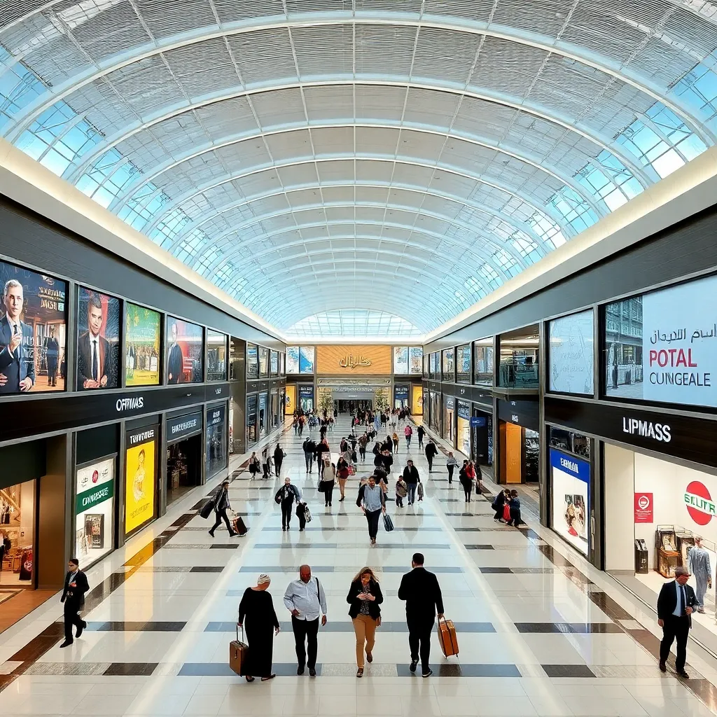 Dubai Airport Duty Free shopping area bustling with travelers and luxury brand stores