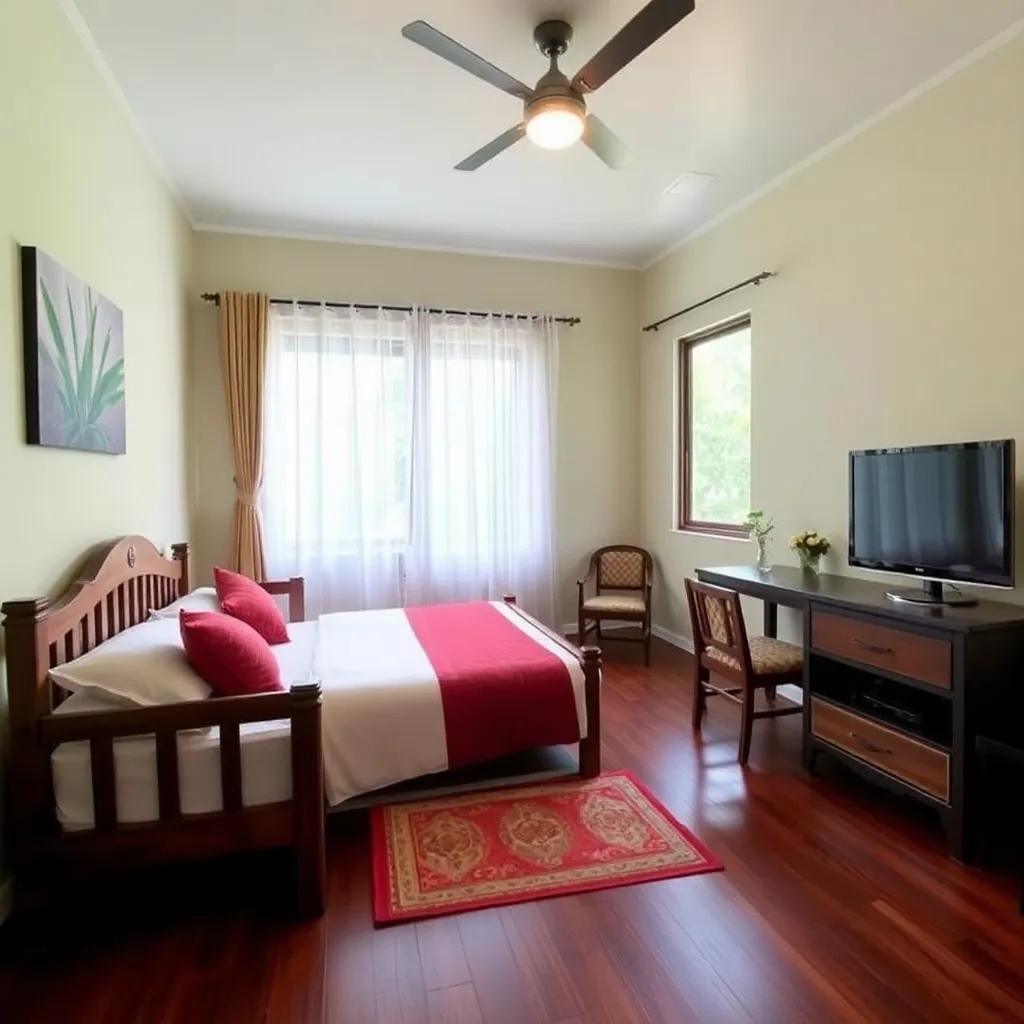 Bilik Air Bersih Homestay Tok Bidin Langkawi dengan jubin putih, pancuran mandi moden dan cermin besar