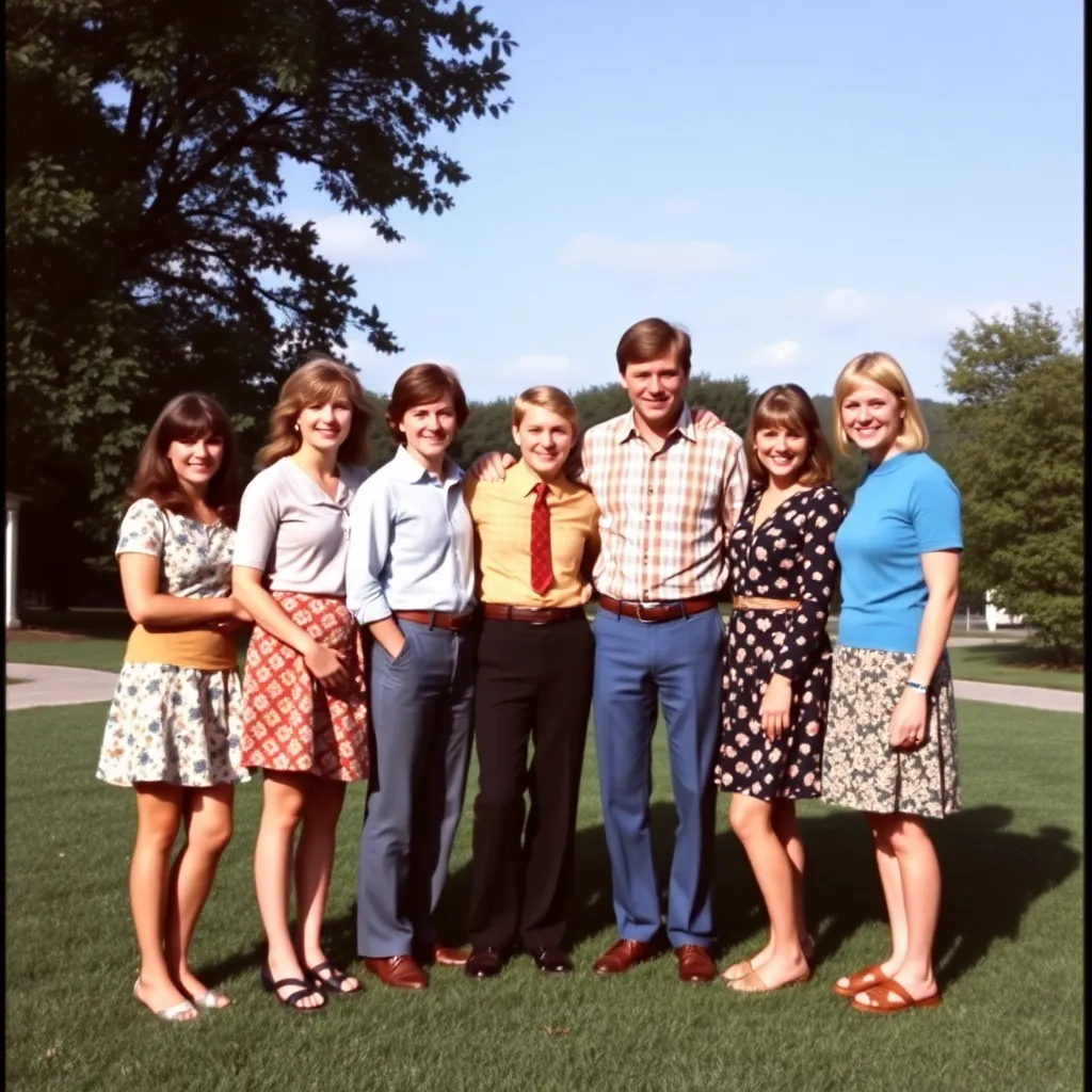Group of seven people posing outdoors, from the TV show The Brady Bunch