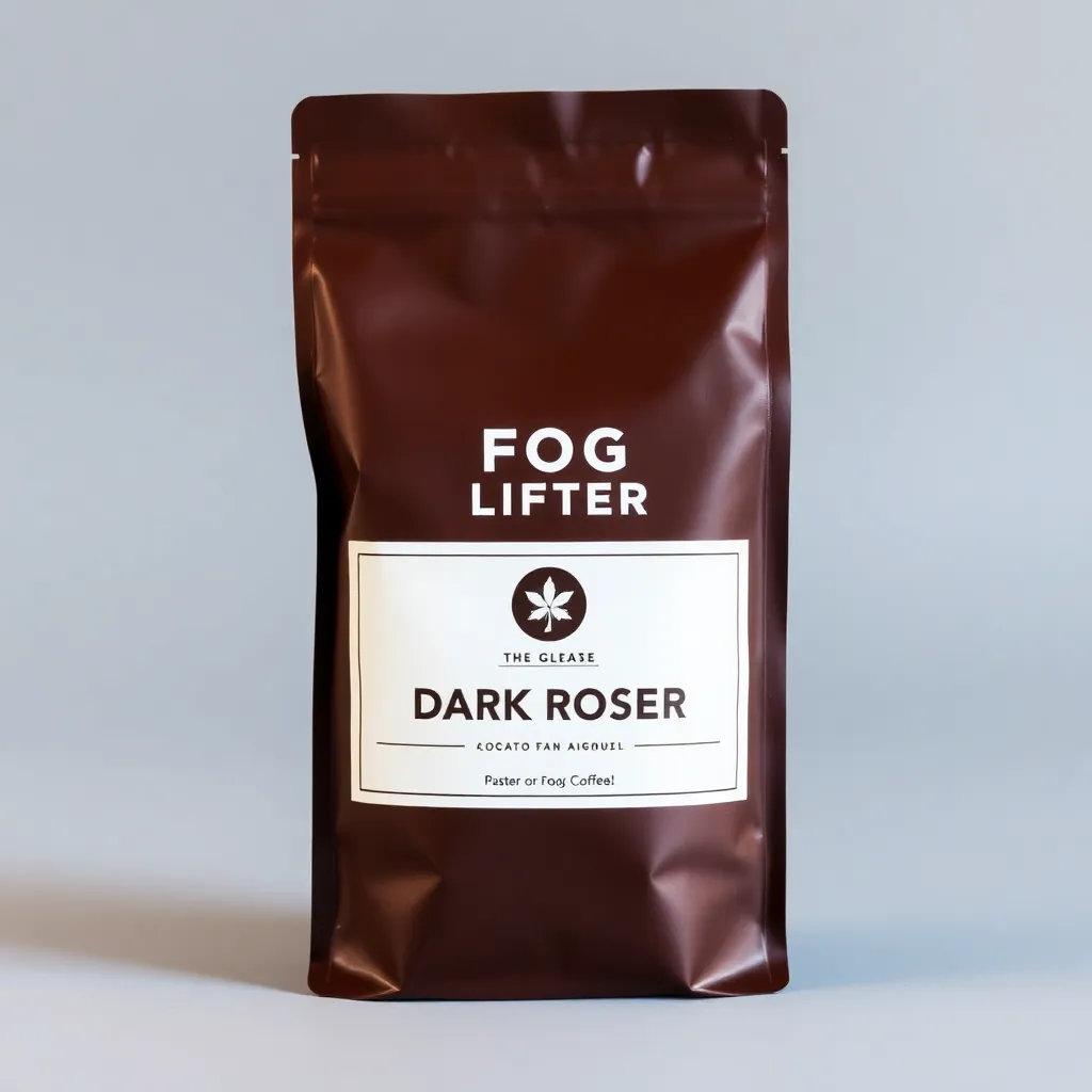 Brown pouch packaging labeled Fog Lifter Dark Roast coffee, matte finish with clear text