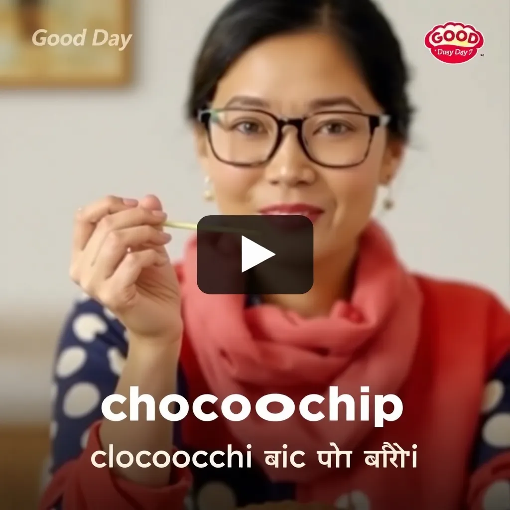 Video thumbnail of Good Day Chocochip Cookies Hindi advertisement showing woman with glasses holding chopsticks