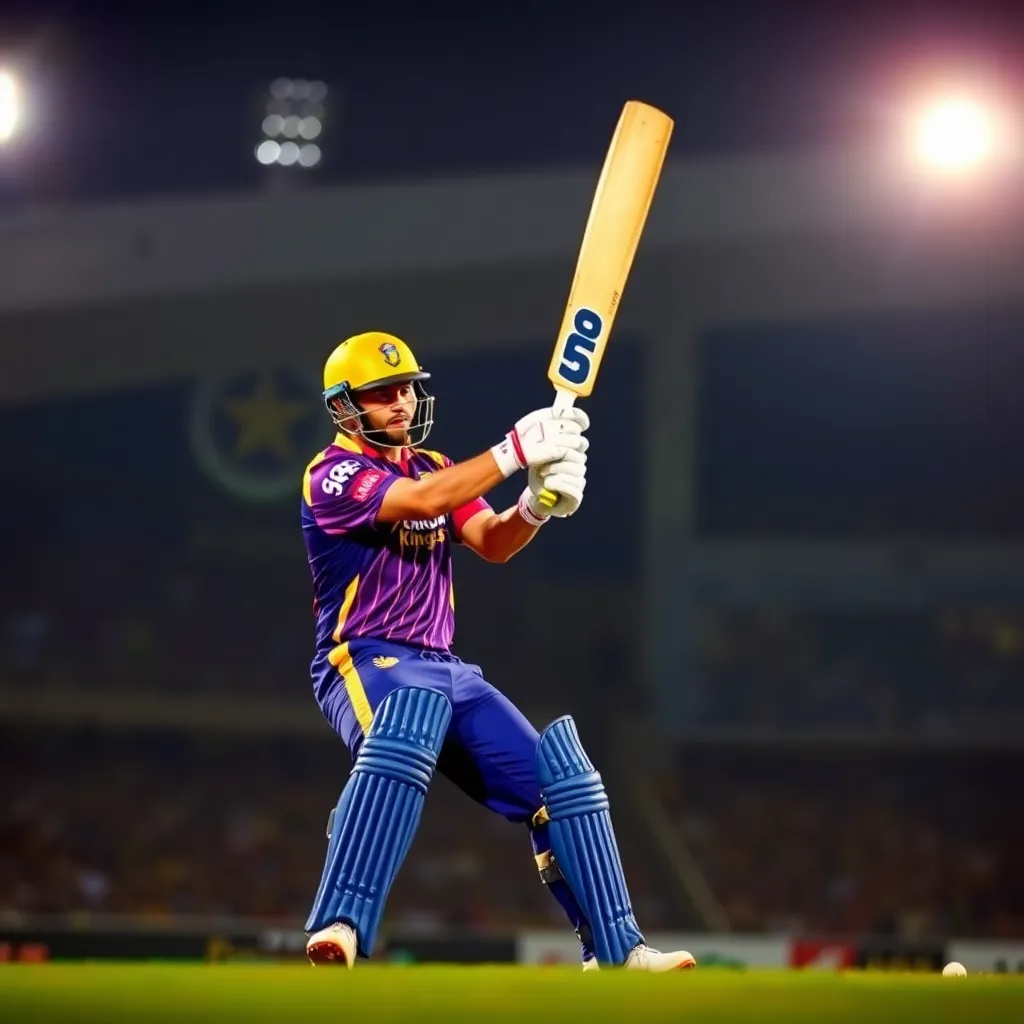 Chennai Super Kings batsman playing an aggressive cricket shot under bright stadium lights