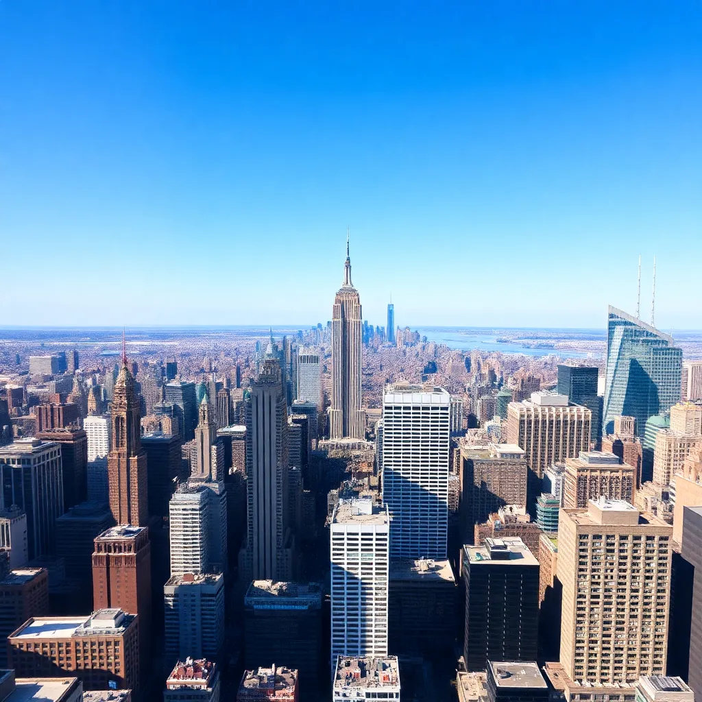 Panoramic view of New York City skyline on a bright summer day with clear blue sky
