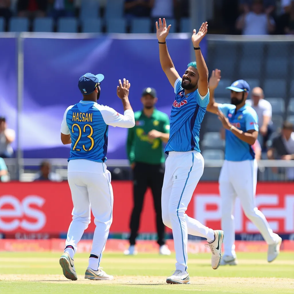 Rashid Khan celebrating after taking a wicket against South Africa in ICC World Cup 2025, teammates cheering in background