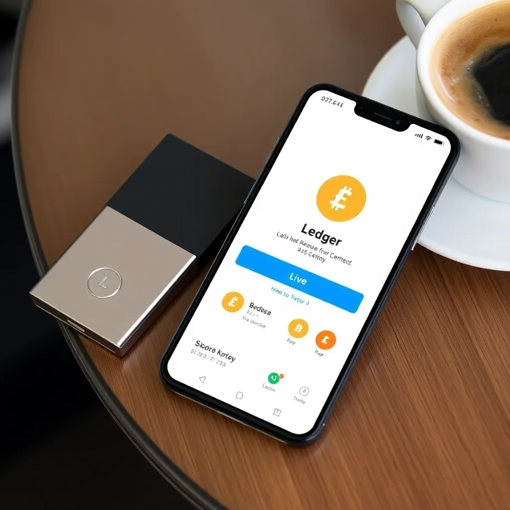 Ledger Live app displayed on a smartphone screen, next to a Ledger hardware wallet device and a coffee cup on a table