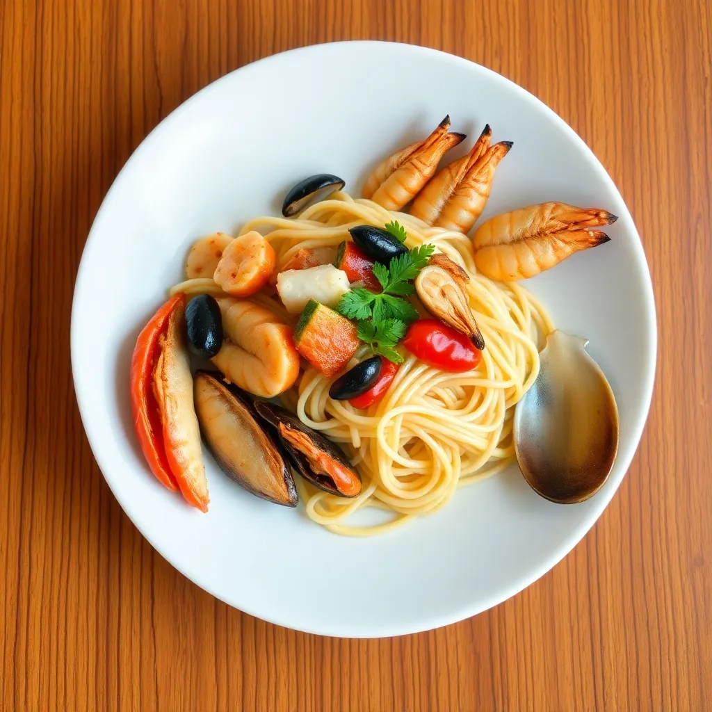 Plate of Mie Tek Tek Seafood with noodles and mixed seafood on white ceramic plate