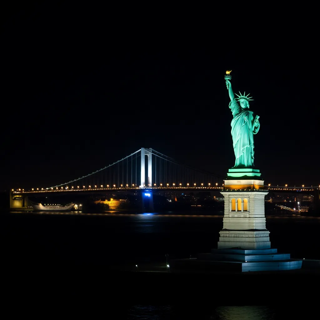 Statue of Liberty with a bridge in the background at night