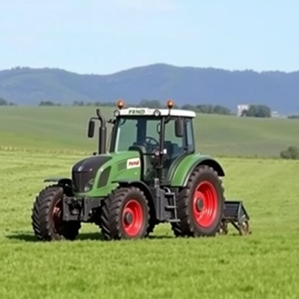 Fendt 900 Vario Tractor working in a green pasture with hills in background