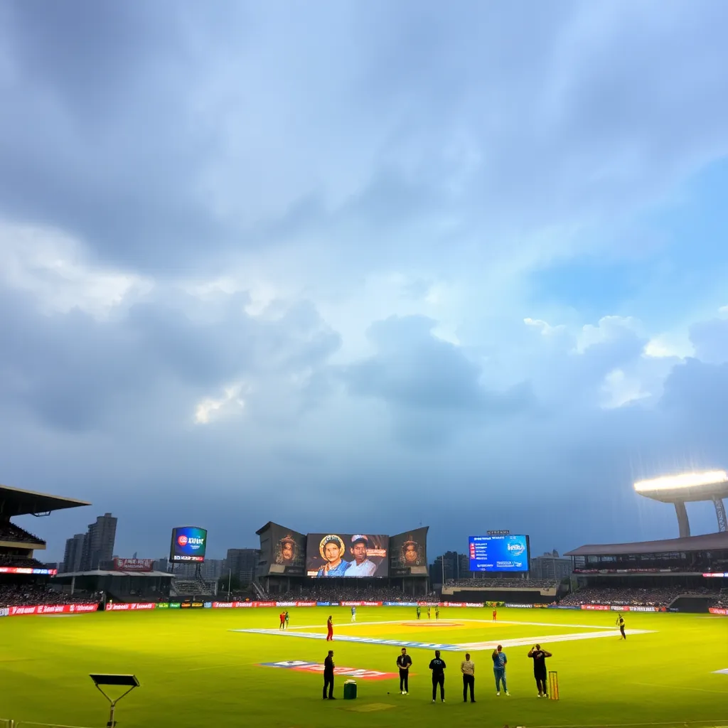 Rain affecting the RCB vs KKR cricket match with players on the field and cloudy skies overhead