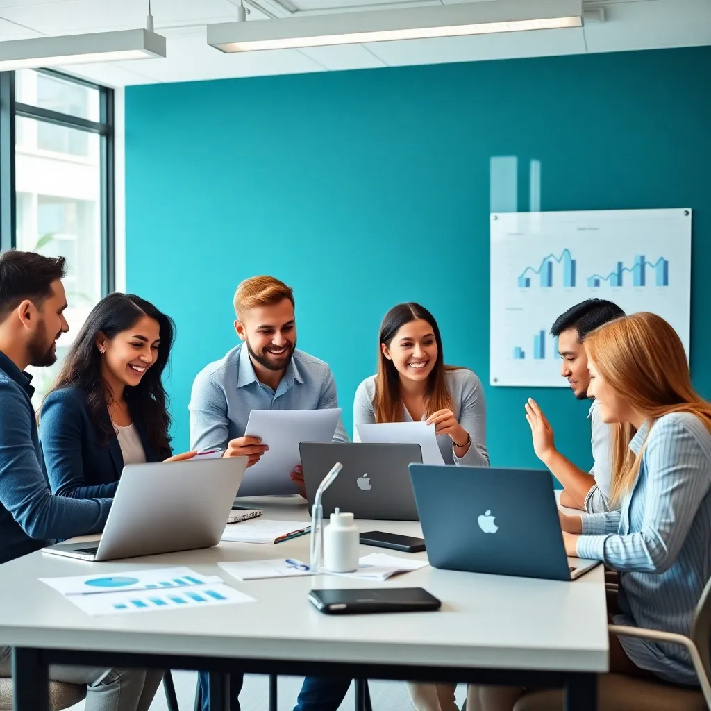 Team of marketing professionals collaborating in a modern office with laptops and charts, teal and navy color theme