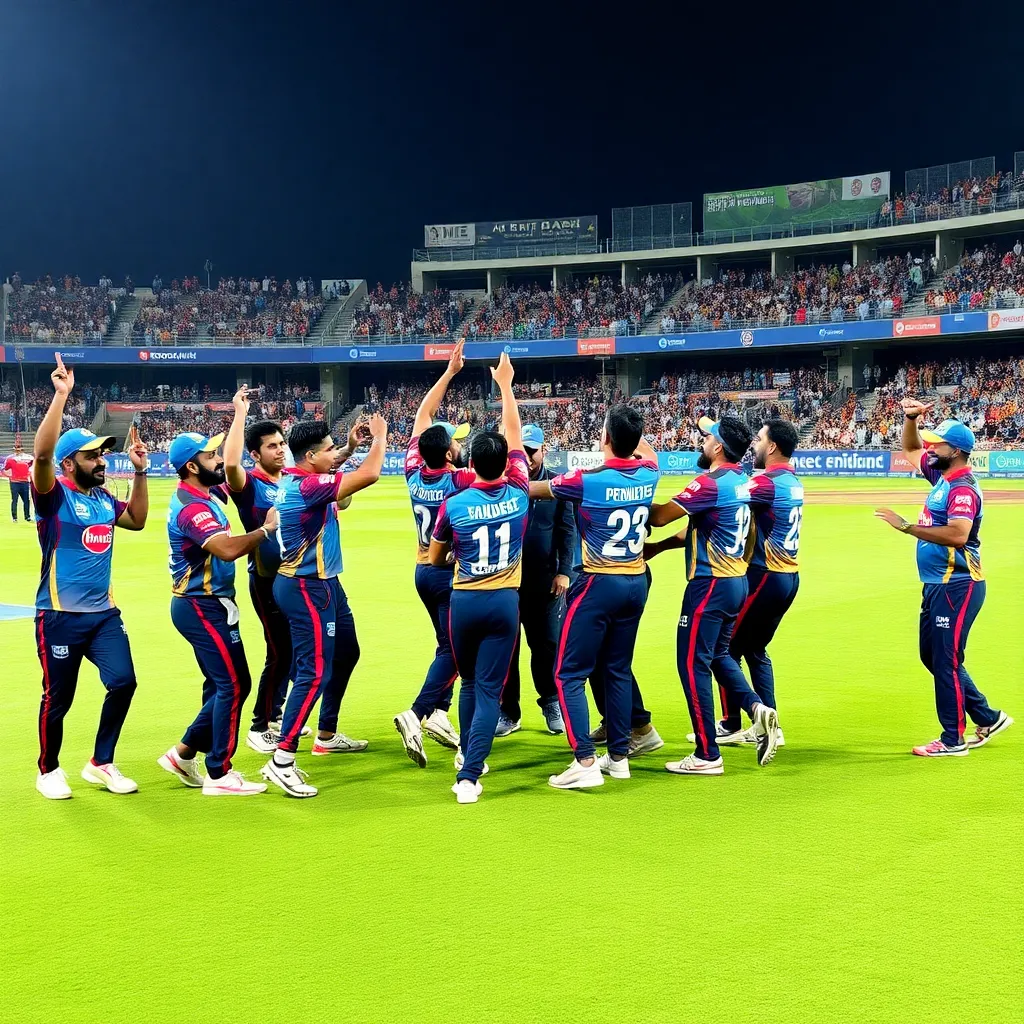 Gujarat Titans cricket team celebrating a victory on the field with fans cheering in the Narendra Modi Stadium, Ahmedabad