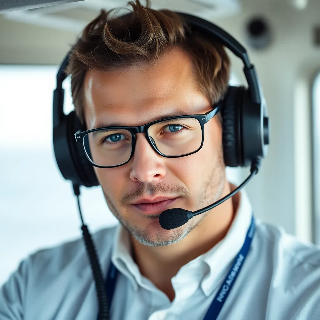 Portrait of a male marine electronics technician with glasses and headset, focused and professional