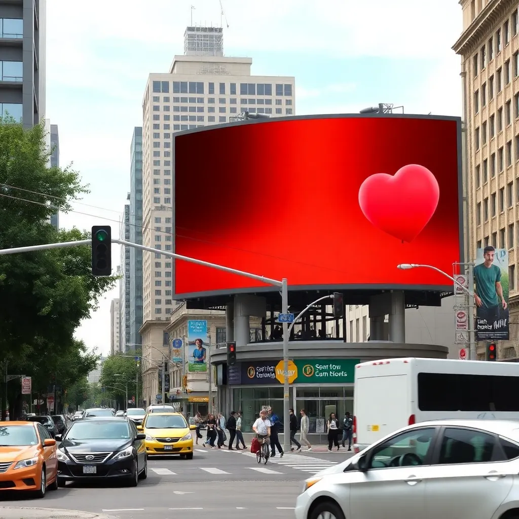 Busy city intersection with large billboard advertisement