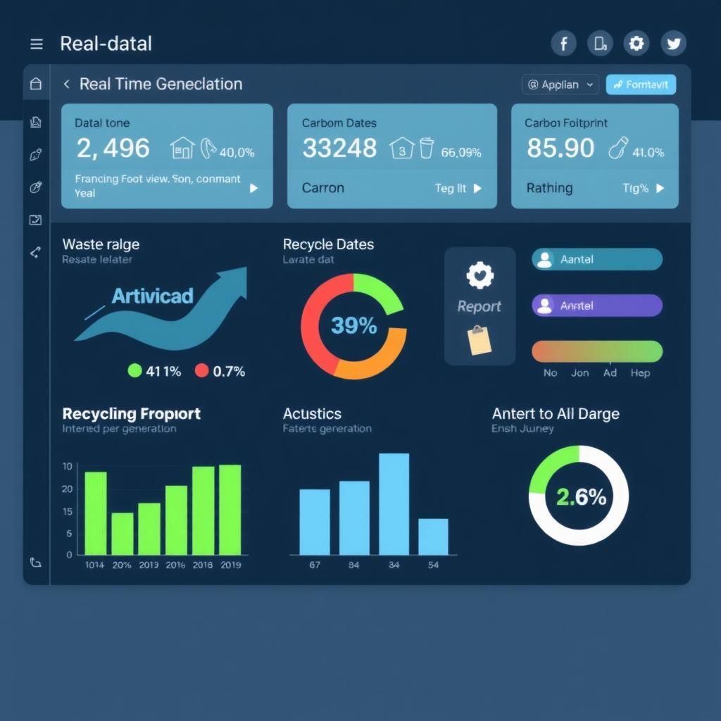 Real-time data analytics dashboard showing waste generation, recycling rates, and carbon footprint reduction