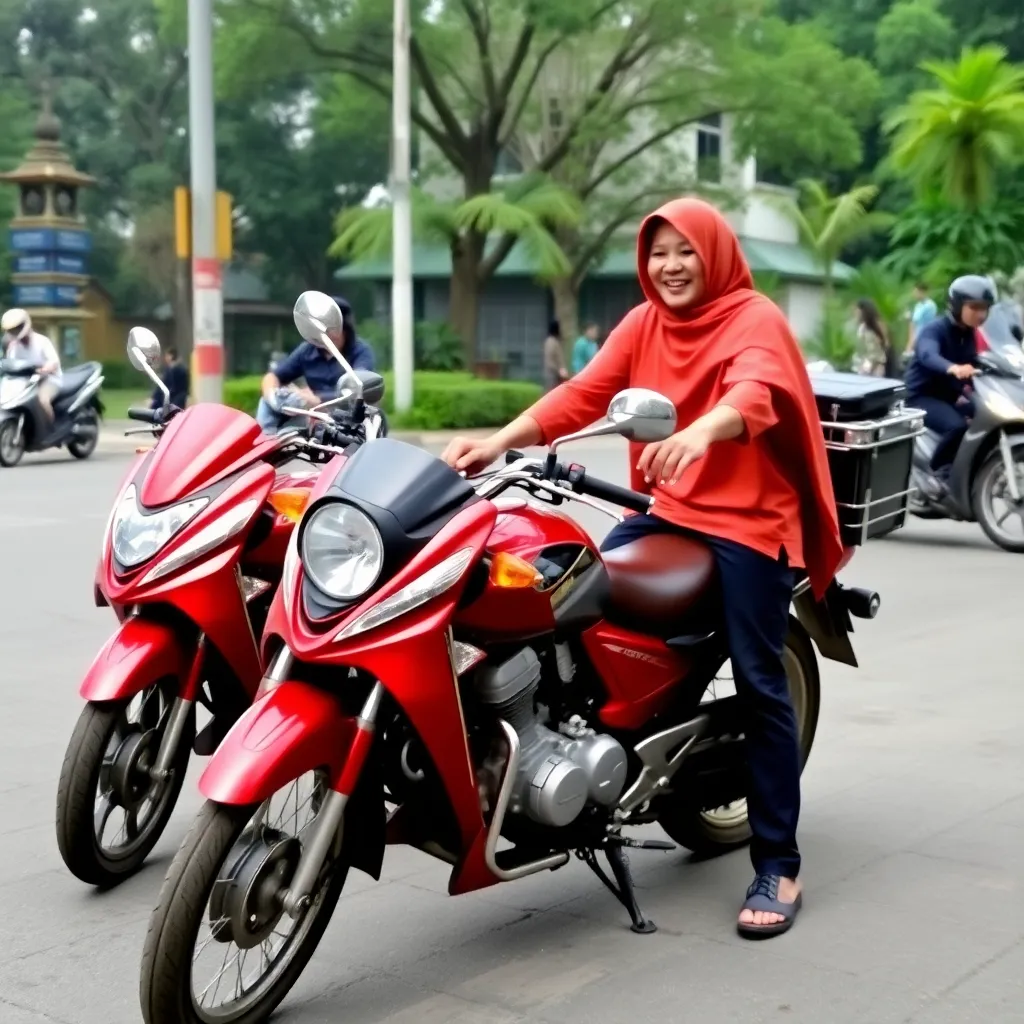 Foto pelanggan pria paruh baya dengan kemeja, tersenyum di depan motor klasik