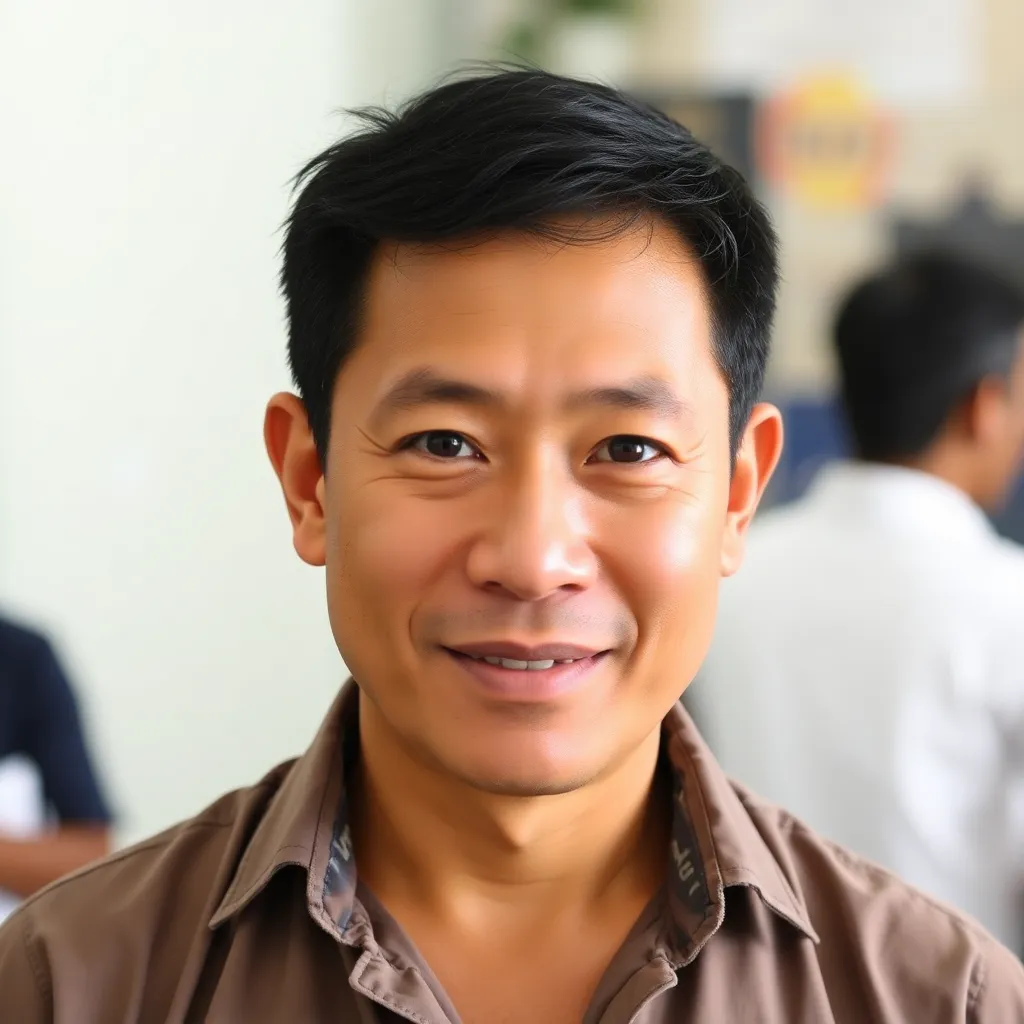 Portrait photo of Budi Santoso, a middle-aged man with short black hair wearing a casual shirt