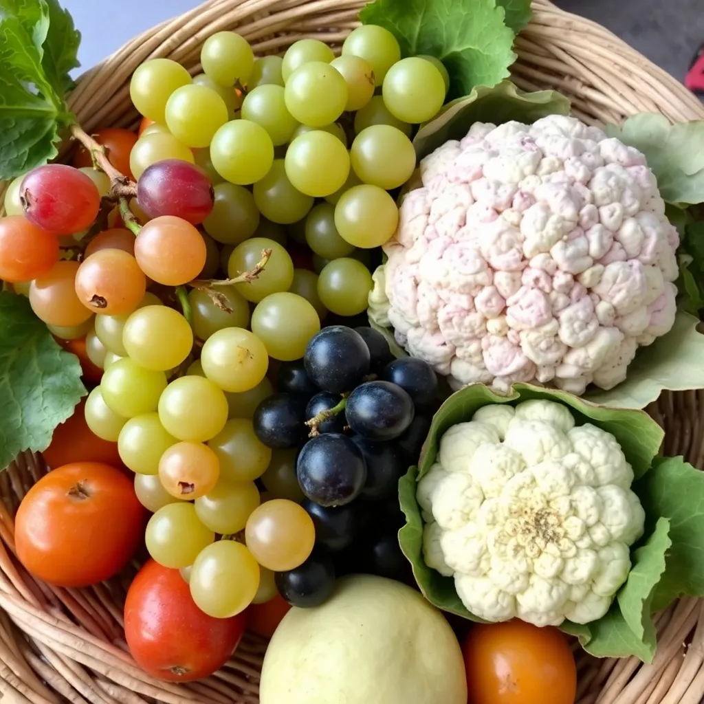 Fresh fruits including grapes and cauliflower in basket