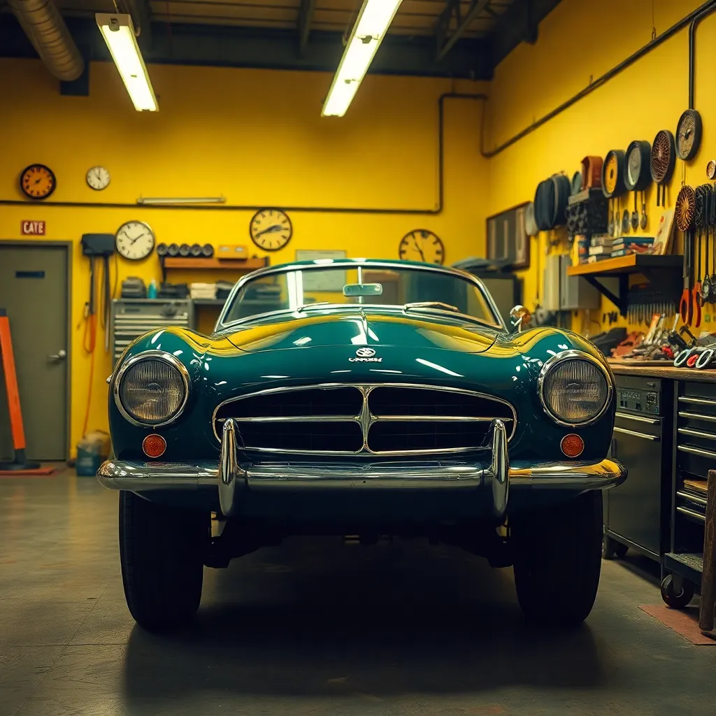 Retro classic car workshop interior with vintage tools and warm yellow lighting