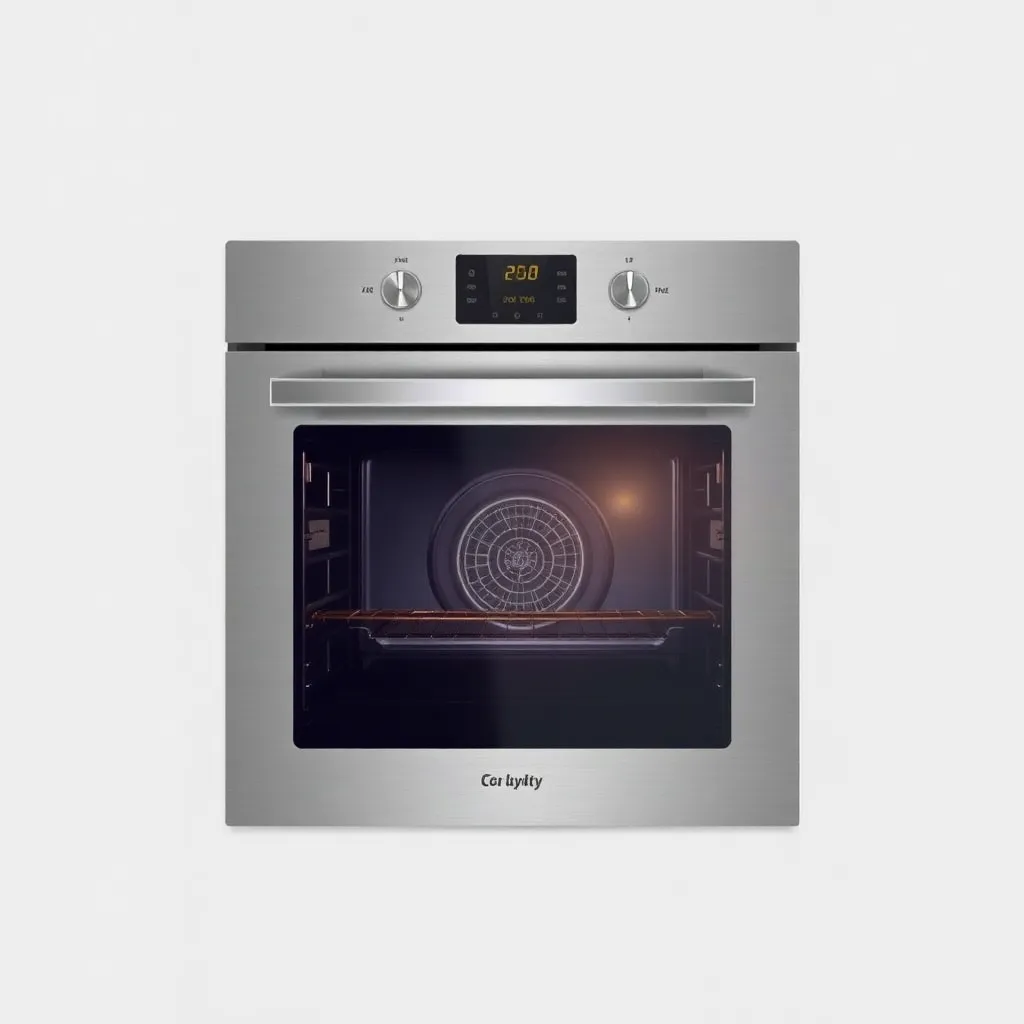 Oven listrik warna silver dengan layar digital dan pintu kaca transparan