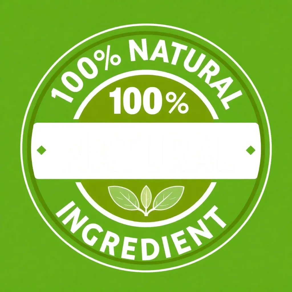 100% Natural Ingredients badge, circular green and white