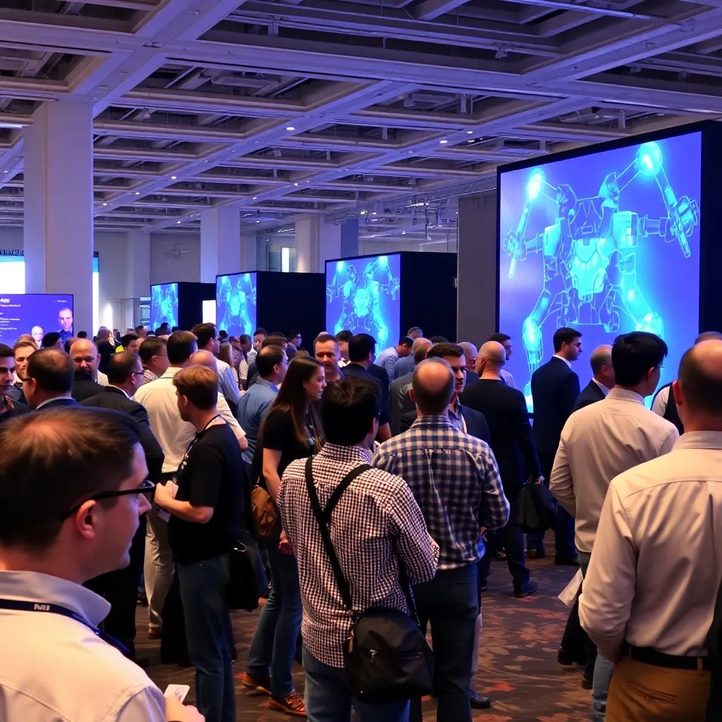 Attendees networking at an AI conference