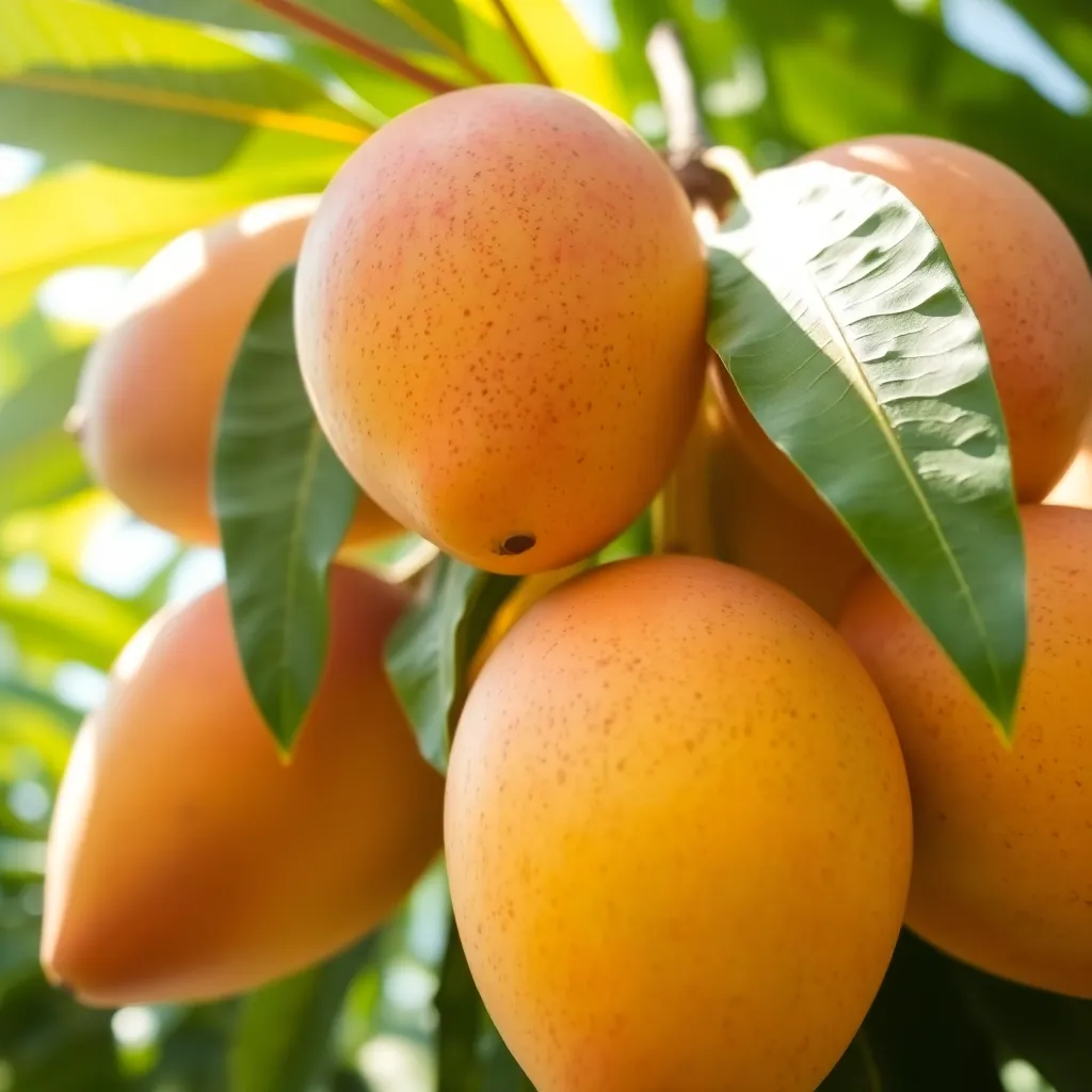 Close-up of fresh ripe mangoes with tropical leaves in bright sunlight